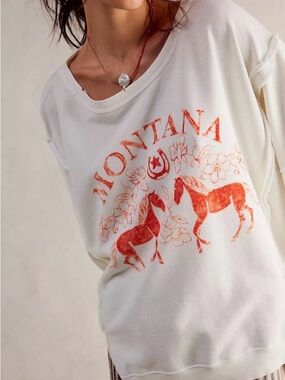 We The Free Camden Cream Montana Graphic Sweatshirt with Rust Horse Print